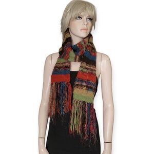 Ark Wool Multicolor Knit Scarf With Fringe Colorful Boho Extra Long